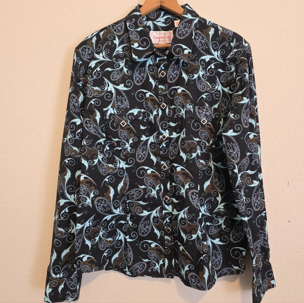Vintage Panhandle Slim Western Shirt Paisley Blue Diamond Snaps Girl's Large